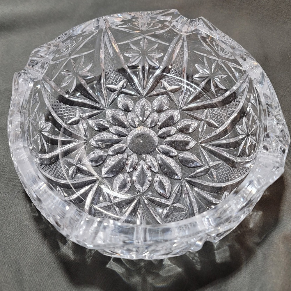 American Brilliant Period Ash Tray 6" x 1.5" Lead Cut Glass with Hobstars & Fans